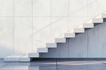 A modern, minimalist staircase with clean lines, a white wall, and a simple handrail