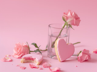 Scene of broken hear cookie and fallen roses, break up valentines rejection concept
