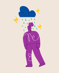 Sad woman thinking over problems. Crisis, burnout syndrome. Colorful vector illustration