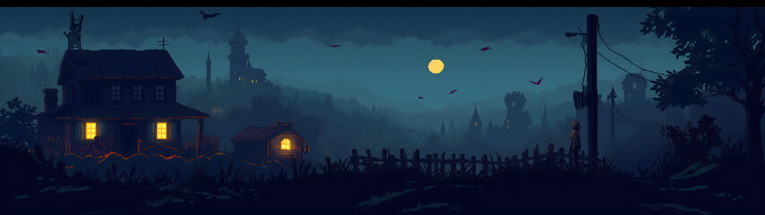 cabin in the forest at night with moonlight, pixel art background, rpg game background, background with a ratio size of 32:9