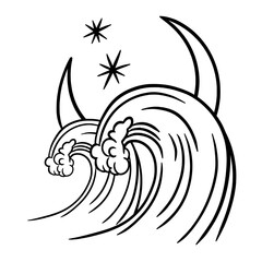 Wave with crescent moon hand drawn 