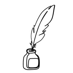 Inkwell with feather continuous line drawing