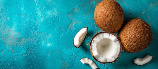 Blue background with whole and half coconut, an exotic nut.