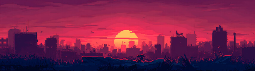 sunset over the city, pixel art background, rpg game background, background with a ratio size of 32:9