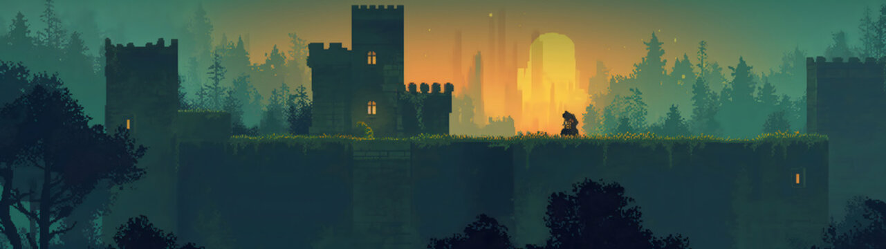 sunset over ancient castle ruins in pixel art style, pixel art background, rpg game background, background with a ratio size of 32:9