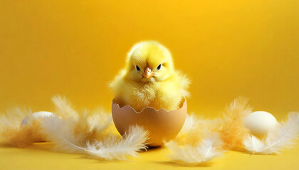 Closeup of a cute chick in a broken eggshell looking at camera, on a yellow and orange background with copy space. Generative Ai.