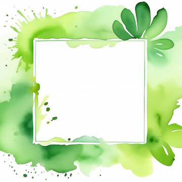 Green square shape watercolor spring frame. Gradient board with bright stains and drops on the paper sheet. Lime green color gradient background with empty space inside.
