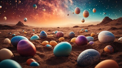 Photo of colorful easter eggs on planet in space