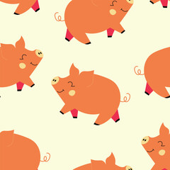 Vector flat animals colorful illustration for kids. Seamless pattern with cute pig on color floral background. Adorable cartoon character. Design for textures, card, poster, fabric, textile