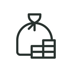 Medieval leather bag with gold coins isolated icon, pouch bag with treasure coins vector symbol with editable stroke