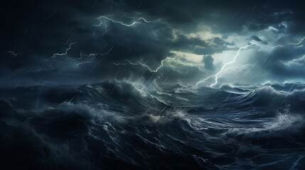 stormy night at sea turbulent waves and fierce rain - obrazy, fototapety, plakaty