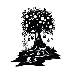 Olive tree, vector black and white illustration