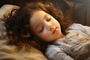 Cute Girl in Bed Sleeping Peacefully. Beautiful Childhood Moment of Children Dreaming and Resting