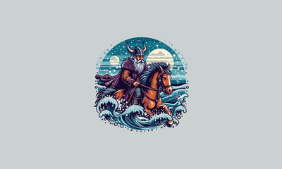 viking riding horse on sea vector artwork design - obrazy, fototapety, plakaty