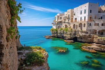 Fototapeta na wymiar Breathtaking Adriatic Views: Turquoise Sea and Old Town on the Cliffs of Polignano a Mare, Bari