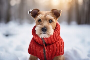Red Racked Terrier in Winter Coat. Portrait of Domestic Pet Dog in Winter