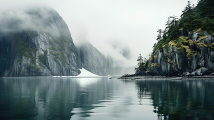 Tide Water Glacier in Prince William Sound, Alaska. Scenic Misty View of a Foggy Glacier Amidst
