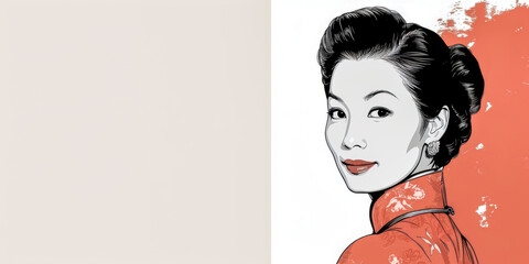 60s retro illustration of an asian woman in vibrant colors with copyspace for text