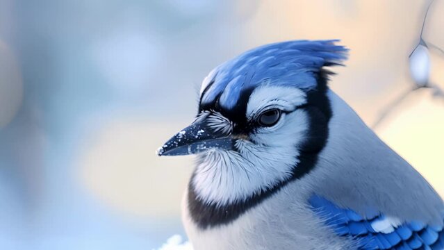 Closeup of a majestic blue jay its sharp beak and piercing eyes shown in detail against the snowy backdrop.