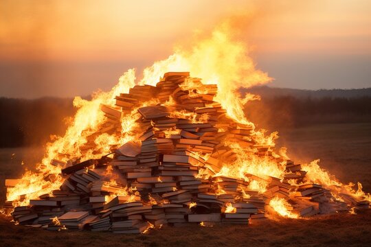 Burning books. A large pile of books burns on fire in nature