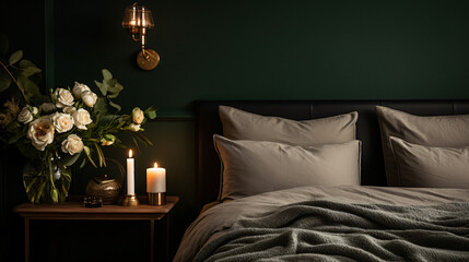 Cropped image of a bedroom with dark green walls