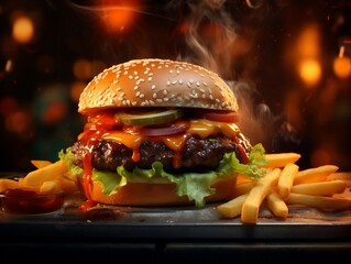 Juicy burger on hot plate with fries and tomato sauce - obrazy, fototapety, plakaty