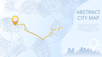 Navigation to poi. Main road throughout map. Simple scheme of city. Location tracks dashboard. Generic city map with signs of streets, roads, house. Vector illustration, map background