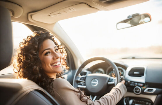 Young latino hispanic business woman driving car, smiley face. Business latin american lady driving modern vehicle. curly female drive a auto transport. one, alone happy laughing girl steering wheel