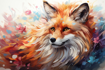 Fototapeta premium Colorful fox on white background. Watrcolor painting. Poster for baby room. Childish print for nursery. Design for t-shirt, greeting post card