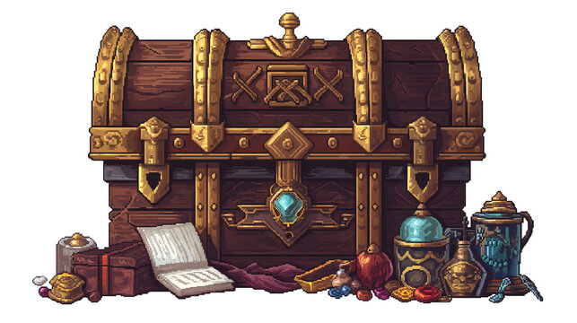 treasure chest isolated on white in pixel art style,  dungeon treasure in pixel art isolated on white, pixel art game items