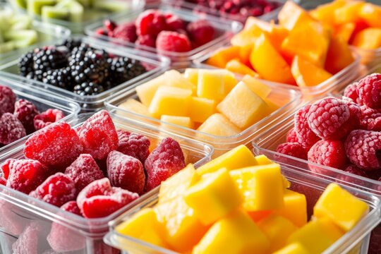 Assorted fresh fruits in plastic containers, including berries, mango, and melon, arranged for healthy snacking.