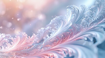 Wavy leaves, blending hues of soft pastels, adorned with frost and delicate snowflakes, a fluid dance in a winter wonderland.