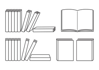 いろいろなバリエーションの本の白黒イラストセット　Black and white illustration set of books in various variations - obrazy, fototapety, plakaty