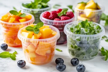Assorted fresh fruits and mint in plastic cups on a marble surface, with scattered blueberries. Healthy snack concept.