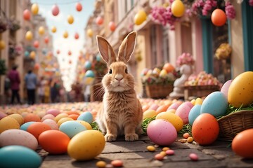 A photo of cute bunny with easter eggs background ai generative