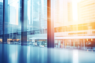 Fototapeta premium Blurred glass wall of modern business office building at the business center use for background in business concept. Blur corporate business office. Abstract office windows background