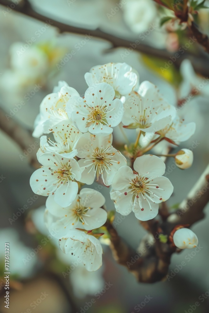 Poster a close up view of a white flower on a tree. this image can be used to add a touch of elegance and b