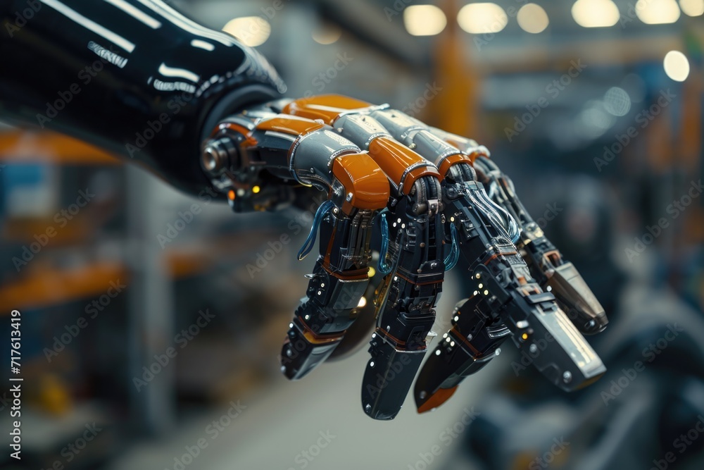 Poster a close-up of a robot's hand in a warehouse. can be used to depict automation, technology, or indust