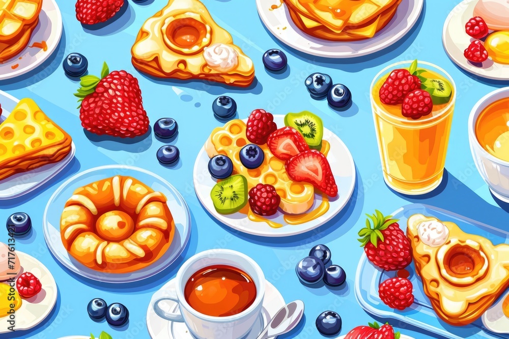 Poster a collection of different breakfast foods and drinks arranged on a blue background. suitable for var