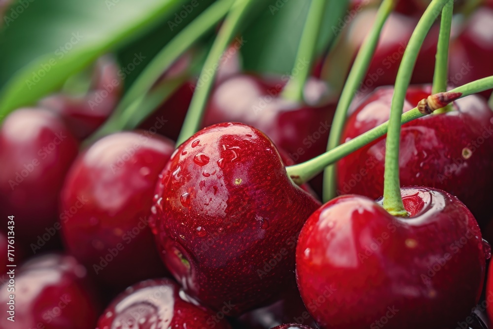 Poster a close up view of a bunch of cherries. perfect for food and fruit-related projects