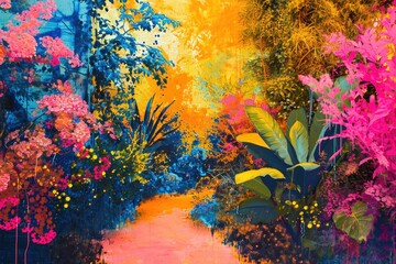 Obraz na płótnie Canvas A painting of a path through a colorful forest. Suitable for nature and landscape designs