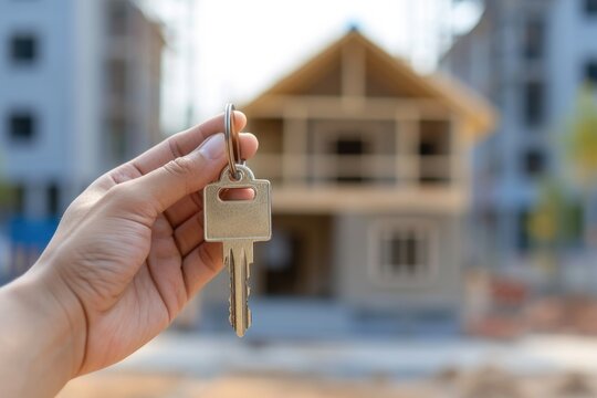 A person is seen holding a house key in front of a building. This image can be used to depict concepts related to real estate, home ownership, moving, or finding a new home