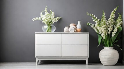 White modern dresser minimalistic furniture in empty room on grey wall background, small cupboard with decor, vases and lily of the valley flowers bouquet, cozy apartment house interior concept