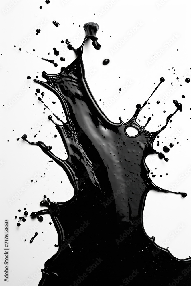 Sticker Black paint splashing on a white surface. Can be used for artistic or creative projects