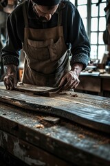 A man is seen working on a piece of wood. This image can be used to depict woodworking, craftsmanship, or DIY projects