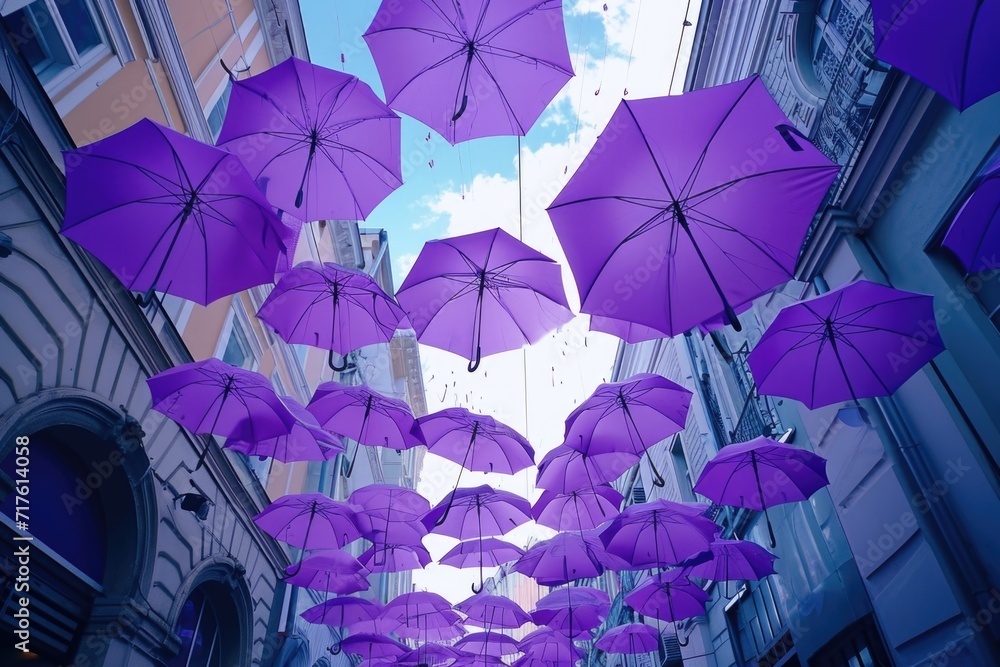 Poster a bunch of purple umbrellas hanging from the ceiling. can be used to depict a colorful and unique de