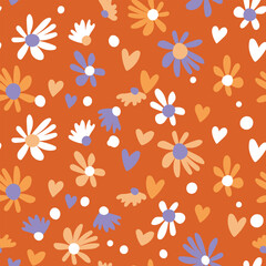 Seamless floral pattern based on traditional folk art ornaments. Colorful flowers on color background. Scandinavian style. Sweden nordic style. Vector illustration. Simple minimalistic pattern