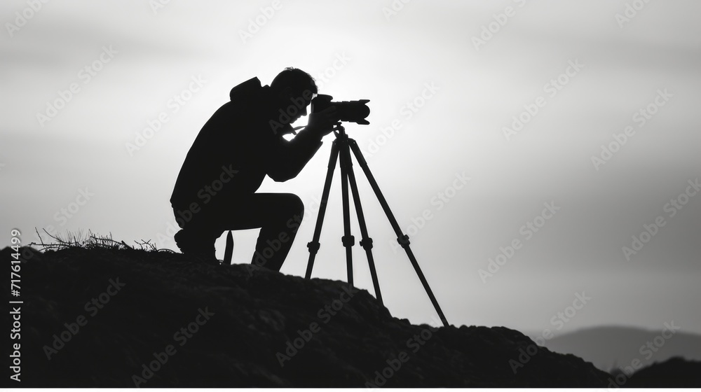 Aufkleber A man using a camera on a tripod to capture a photograph. Suitable for various photography-related themes