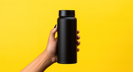 A black bottle is photographed in front of a yellow wall. generative AI - obrazy, fototapety, plakaty