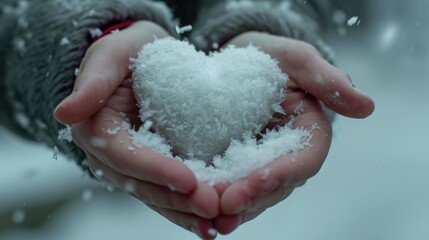 A person holding a snow heart in their hands. This image can be used to depict love, winter romance, or Valentine's Day themes